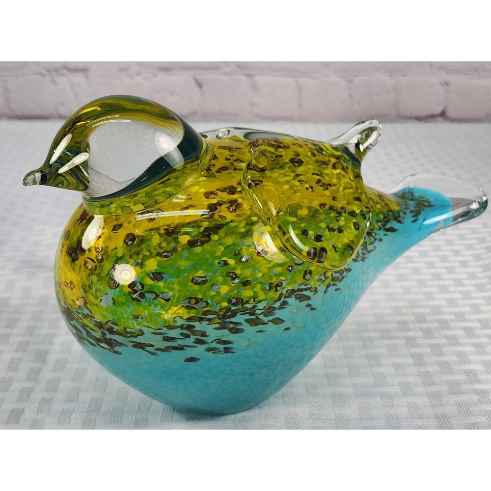Large Hand Blown Murano Glass Song Bird Figurine Art Yellow Light Blue Vintage